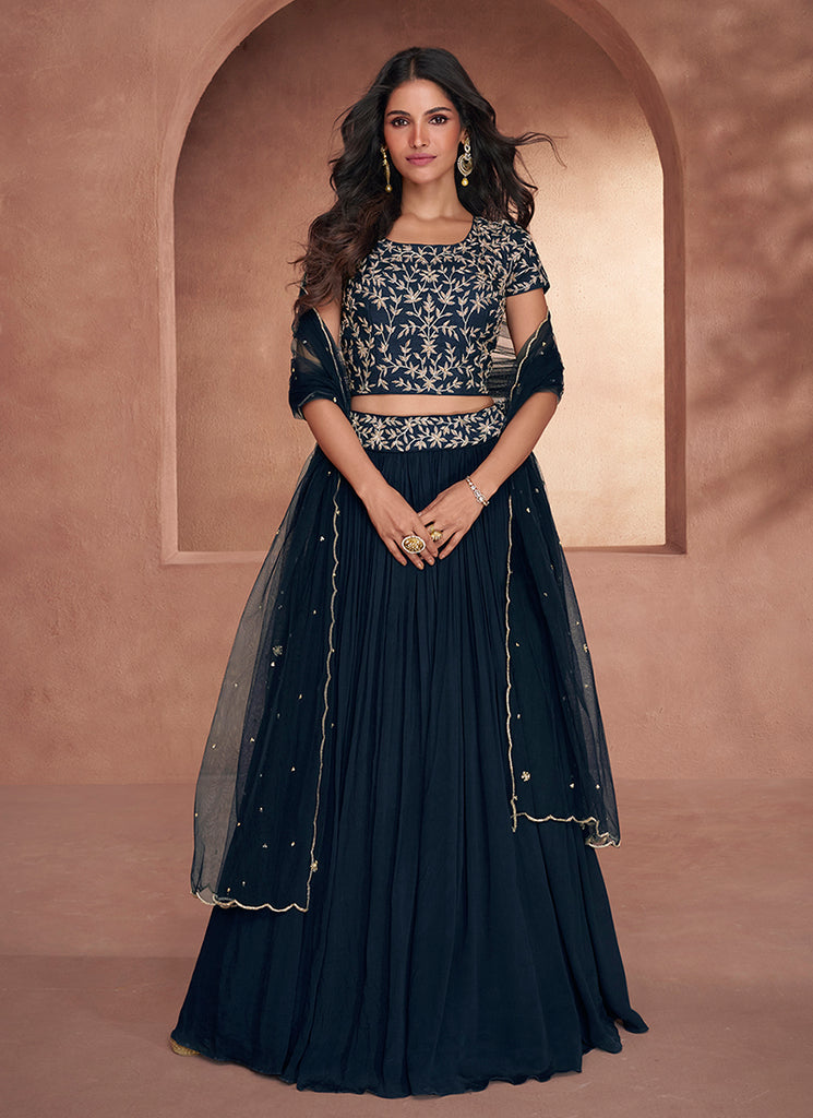 Navy Blue Handwork Embroidery Festive Lehenga Choli 