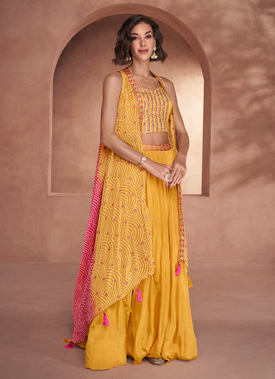 Yellow And Pink Handwork Embroidery Festive Lehenga Choli