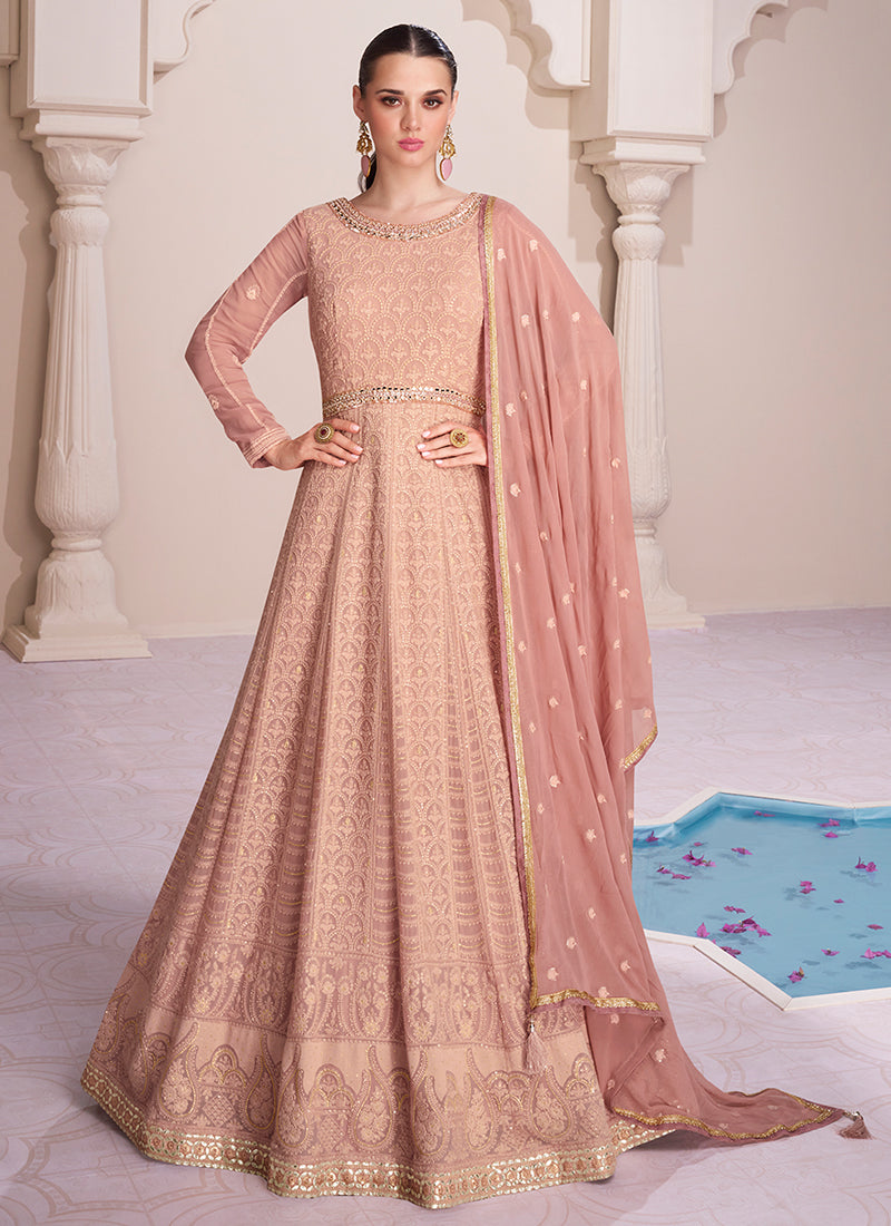 Buy Peach Gold Embroidered Gown In Knit Strechable Fabric