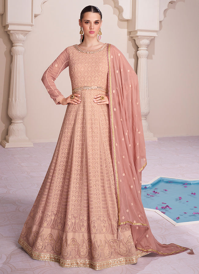 Anarkali - Buy Soft Peach Foil Mirror Work Georgette Anarkali Suit