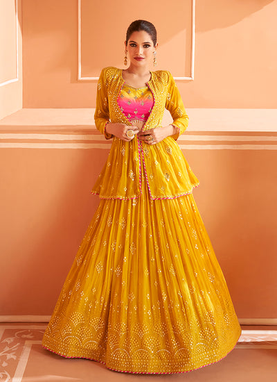 Yellow Sequence Embroidery Jacket Style Lehenga Choli