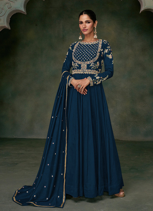 Royal Blue Multi Embroidery Traditional Anarkali Gown