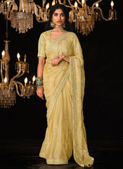 Lemon Yellow Reshamkari Embroidery Fancy Silk Saree
