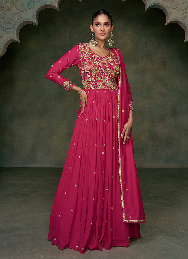 Faux Georgette Embroidery Gown In Rani Pink Colour GW3161926