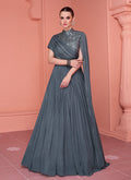 Grey Mirror Work Embroidery Saree Style Anarkali Gown