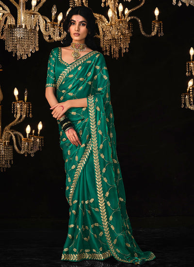 Green Reshamkari Embroidery Tissue Silk Saree
