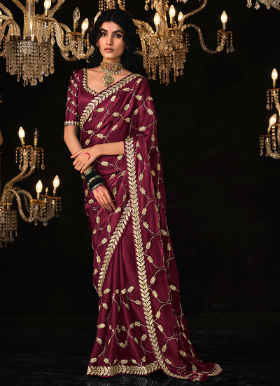 Maroon Reshamkari Embroidery Tissue Silk Saree