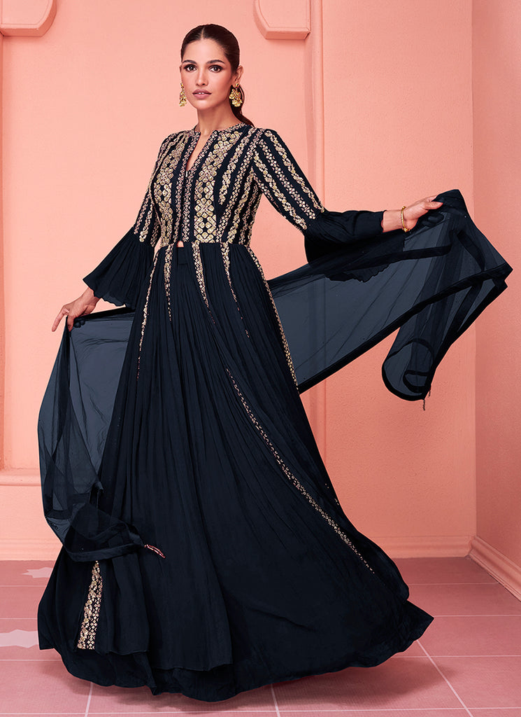 Navy Blue Sequence Embroidery Designer Slit Style Anarkali Lehenga
