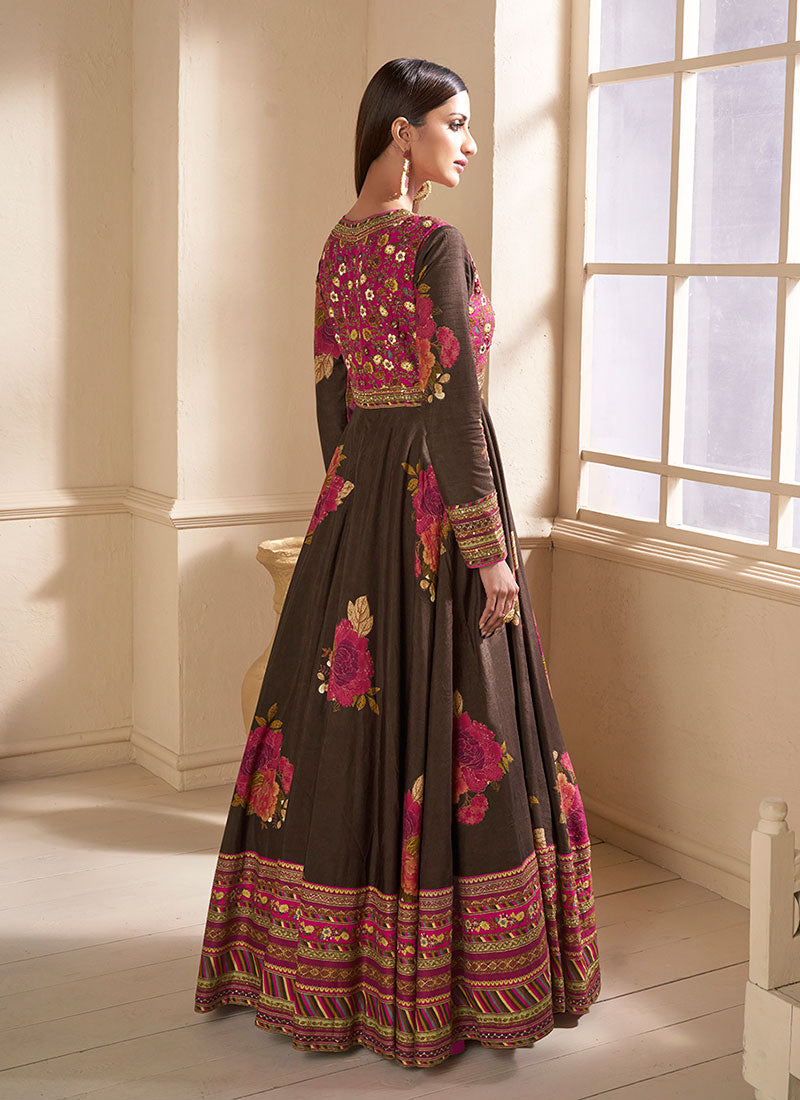 Buy Dark Brown Multi Embroidery Traditional Silk Anarkali Gown With Free International Shipping Worldwide.