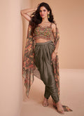 Olive Green Mirror Work Embroidered Cape Style Co-Ord Dhoti Set
