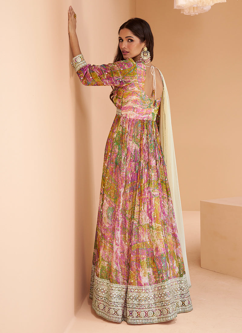 Pink Foil Mirror Embroidered Printed Anarkali Gown