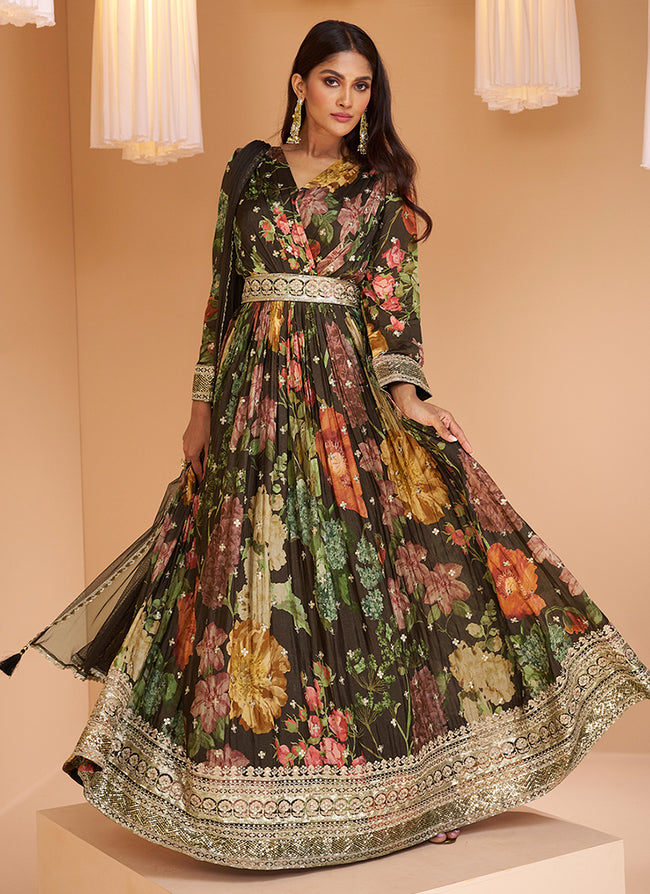 Black Multi Embroidered Printed Anarkali Gown