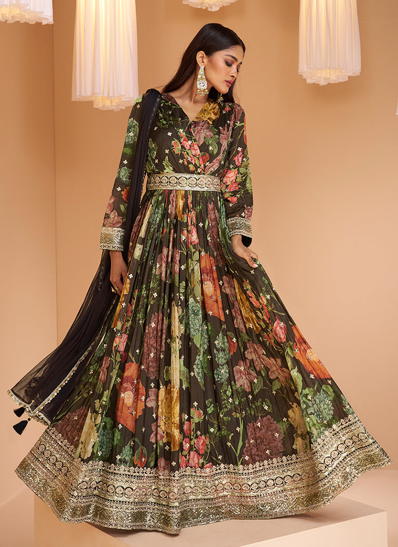 Black Multi Embroidered Printed Anarkali Gown