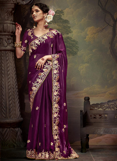 Deep Purple Multi Embroidery Wedding Silk Saree