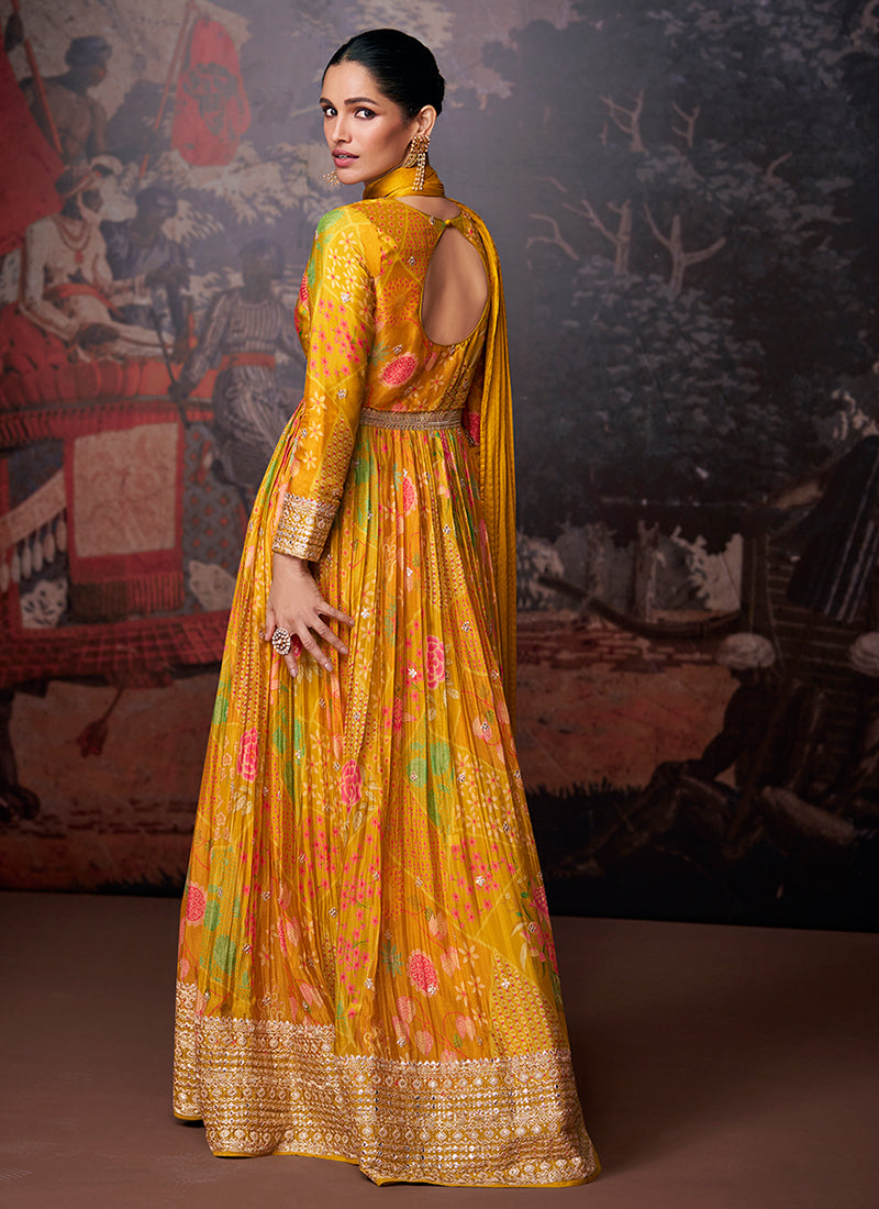 Yellow Sequence Embroidery Digital Printed Slit Style Anarkali Suit