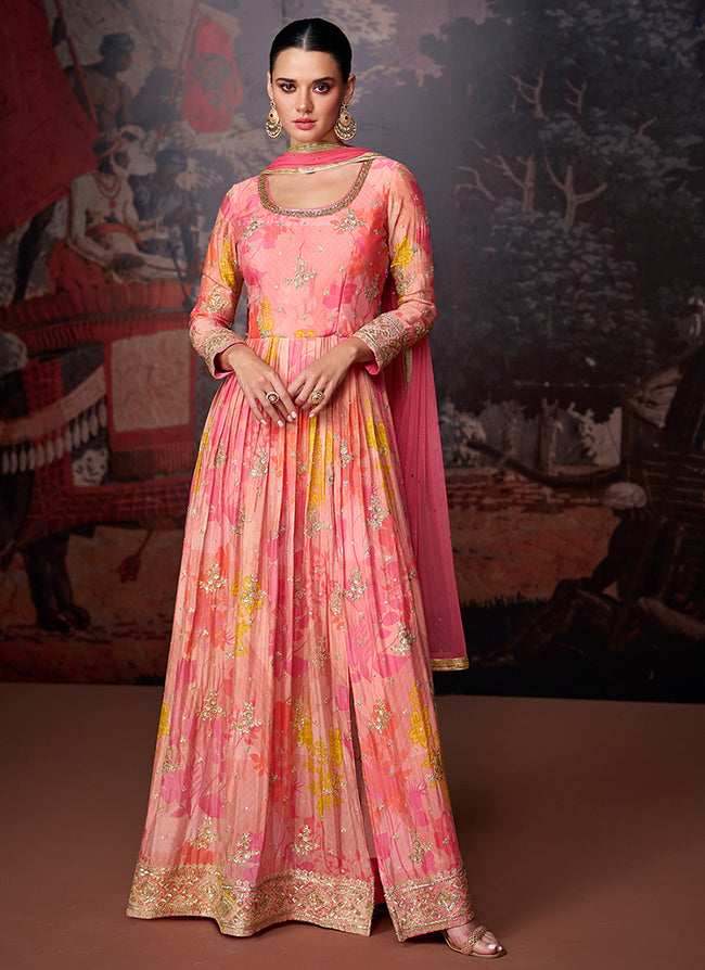 Pink Sequence Embroidery Digital Printed Slit Style Anarkali Suit