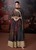 Black Sequence Embroidery Digital Printed Slit Style Anarkali Suit