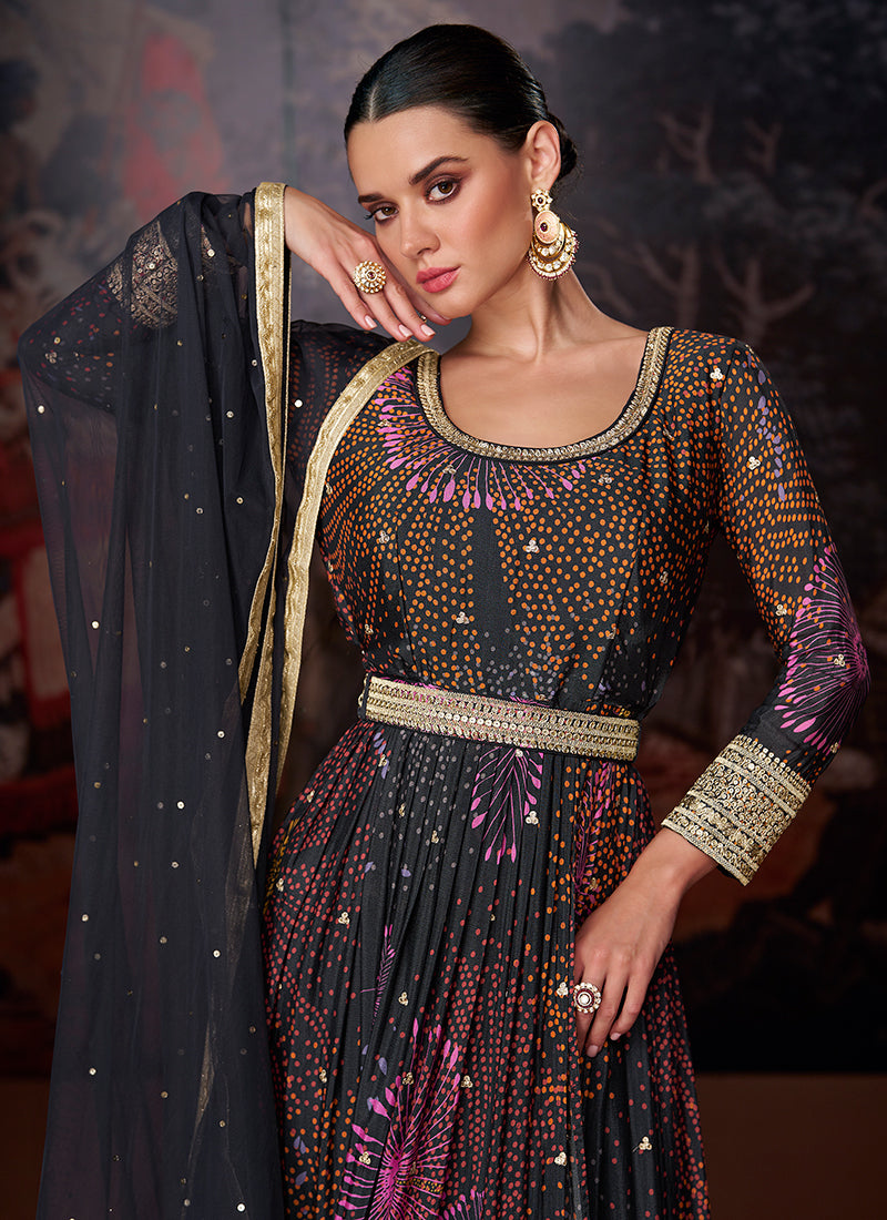 Black Sequence Embroidery Digital Printed Slit Style Anarkali Suit
