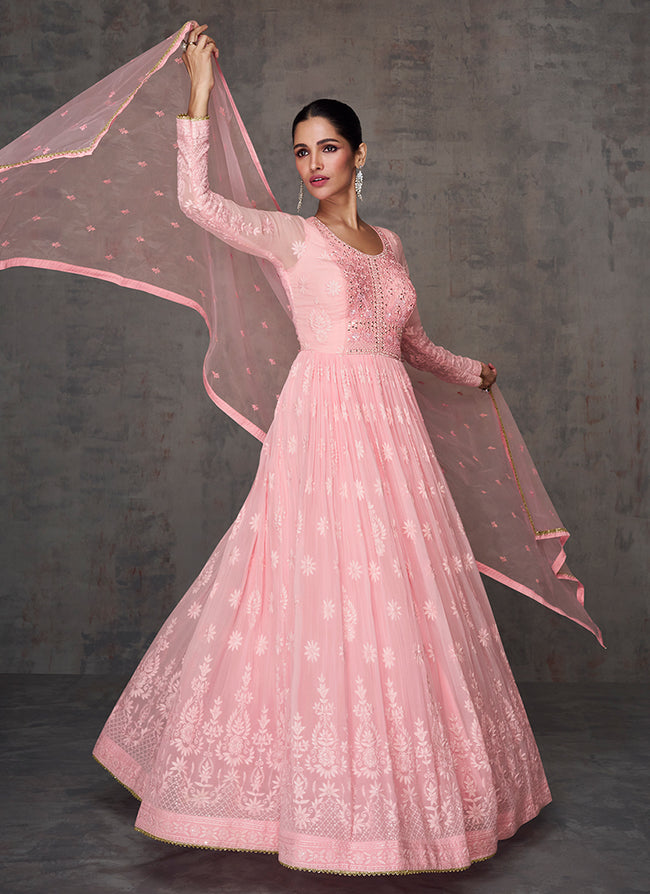 Full Flared Pink Color Bow & Collar Gown for Women for Engagement Wear
