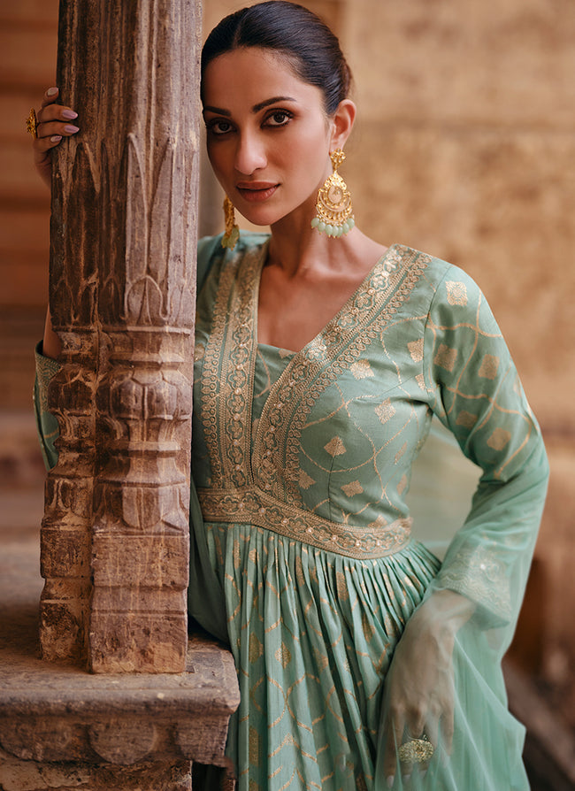 Sequence Embroidery Jacquard Silk Anarkali Gown
