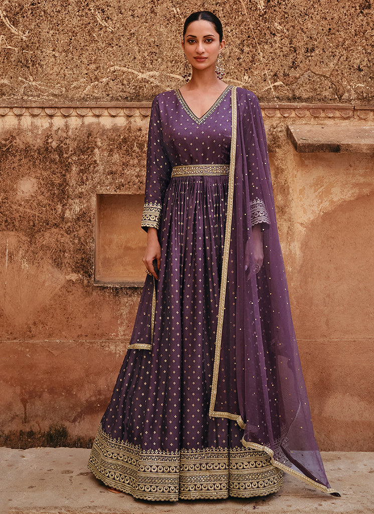 Buy Partywear Dresses In Indianapolls - Deep Purple Sequence Embroidery Jacquard Silk Anarkali Gown Buy Partywear Dresses In Indianapolls - Deep Purple Sequence Embroidery Jacquard Silk Anarkali Gown