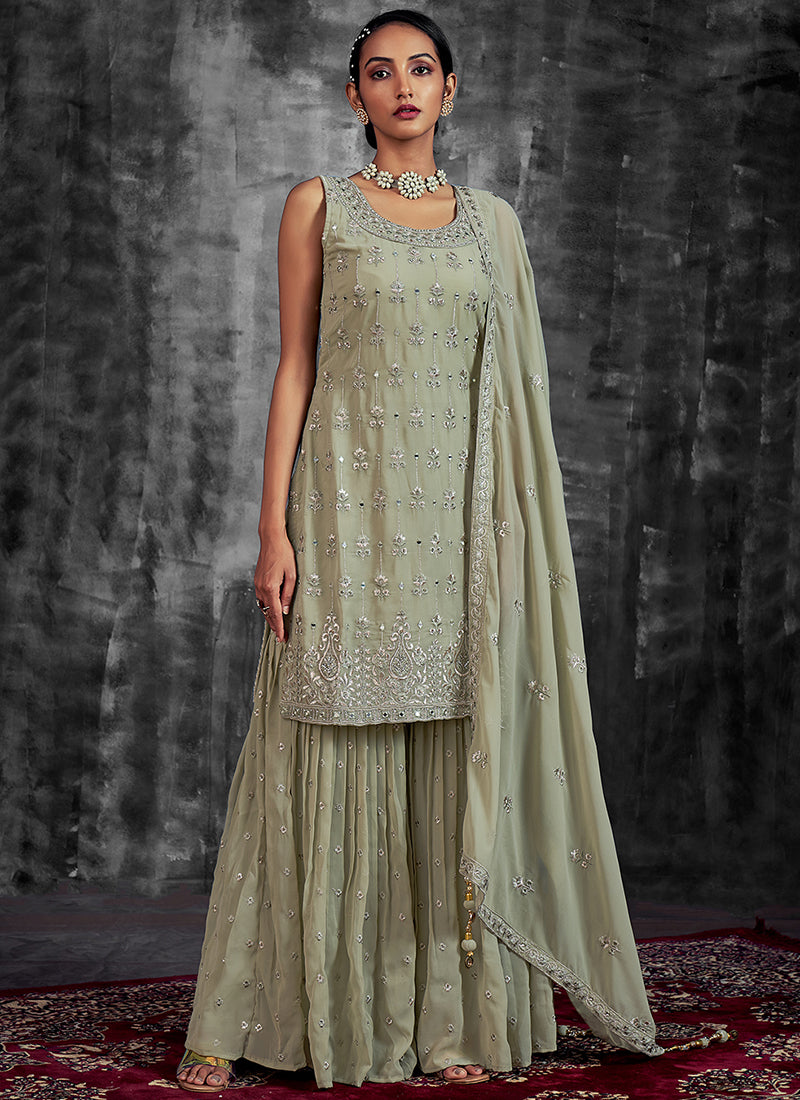 Green Mirror Work Embroidery Georgette Gharara Suit