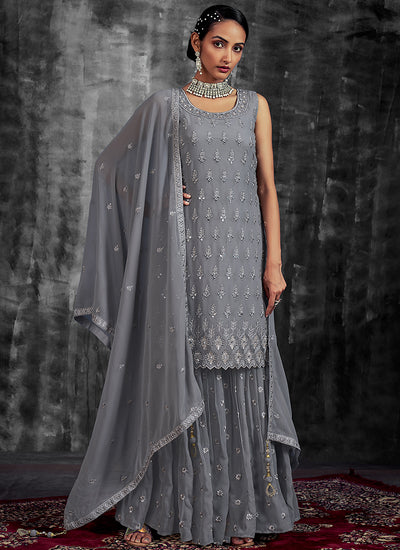 Grey Mirror Work Embroidery Georgette Gharara Suit