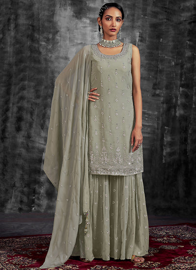 Olive Green Mirror Work Embroidery Georgette Gharara Suit