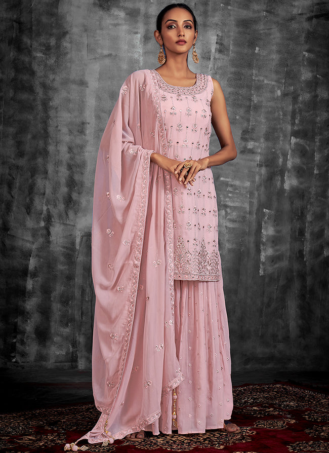 Blush Pink Mirror Work Embroidery Georgette Gharara Suit