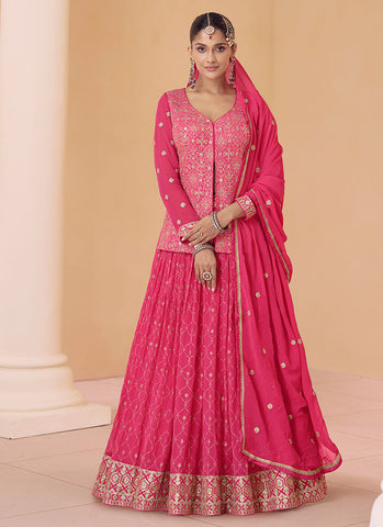 Rani Pink Multi Embroidered Wedding Lehenga Kurti And Dupatta