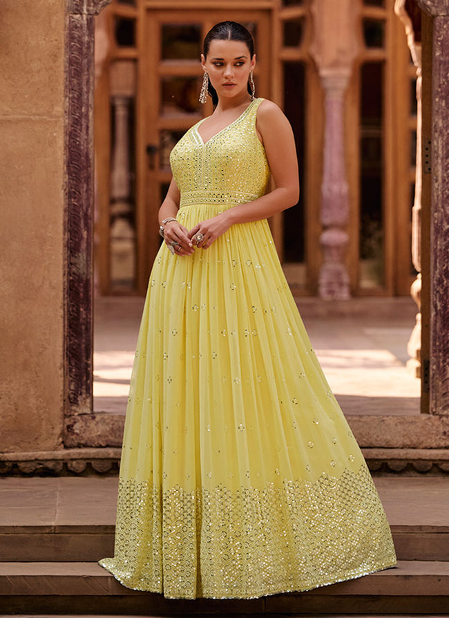 Buy Indian Traditional Clothing Online in USA Yellow Lucknowi Foil Mirror Work Embroidery Anarkali Gown at Hatkay Default Title MWS Options
