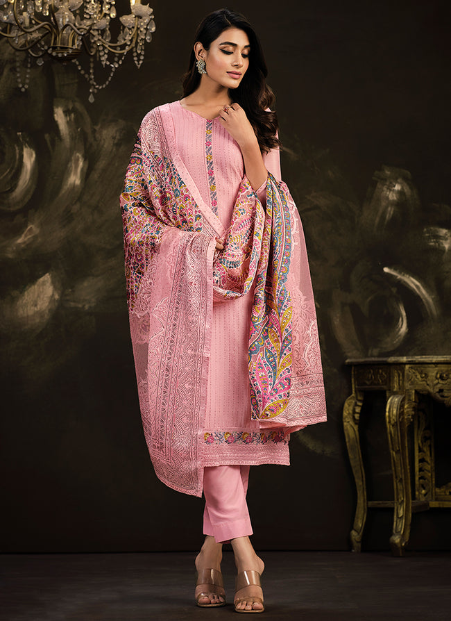 Pink Multi Embroidery Traditional Silk Salwar Suit