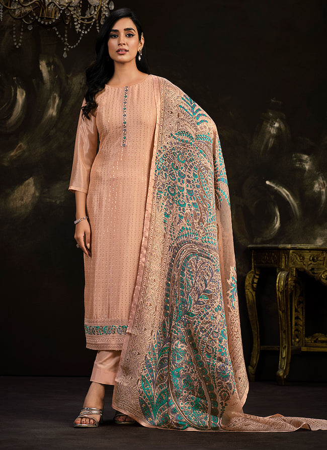 Peach Multi Embroidery Traditional Silk Salwar Suit In USA Canada