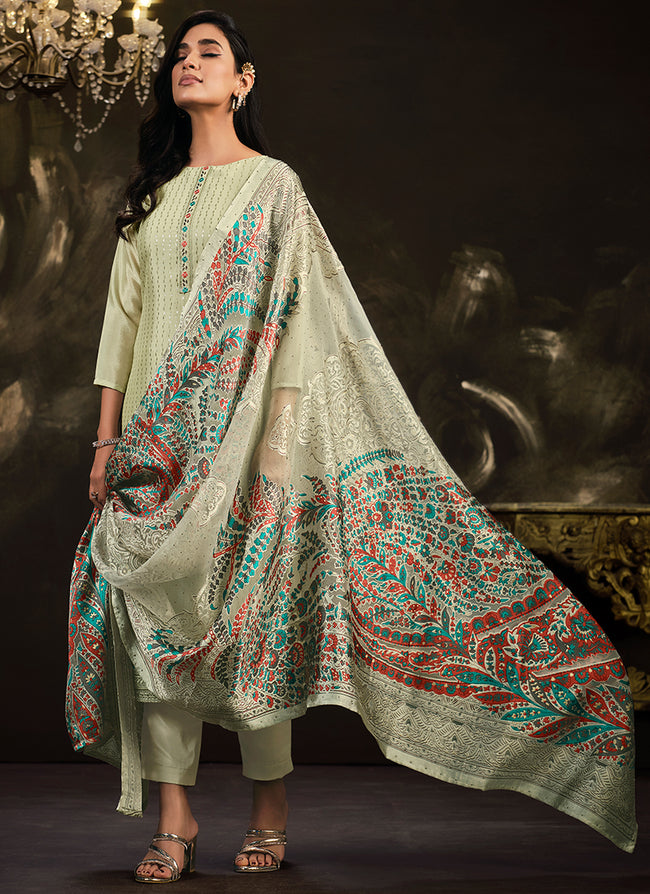 Green Multi Embroidery Traditional Silk Salwar Suit In USA Canada
