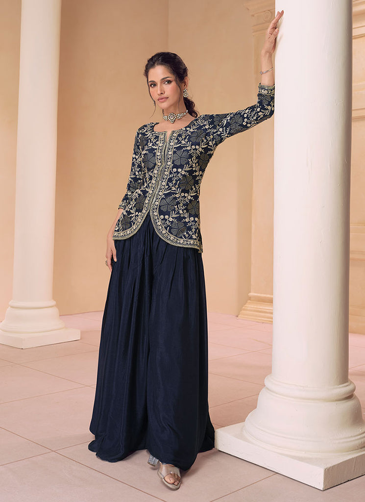Shop Palazzos Online - Dark Blue Sequence Embroidery Designer Kurti And Palazzo In Canada USA UK With Free International Shipping Worldwide.