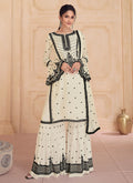 Cream White Thread Embroidery Festive Pant Style Suit