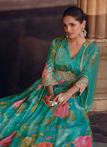 Cyan Blue Floral Printed Sequence Embroidered Anarkali Gown
