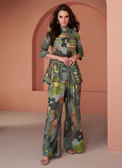 Green Multi Thread And Sequence Embellished Co-Ord Set