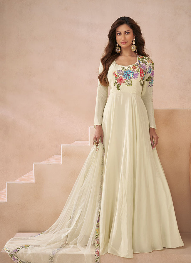Buy Bollywood Dress - Off White Multi Embroidery Silk Anarkali