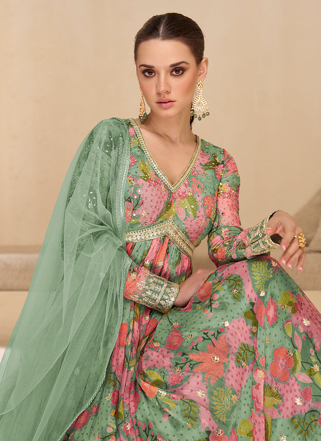 Hatkay Buy Anarkali Suit in UK Mint Green Digital Printed Embroidered Anarkali Gown Dress Default Title MWS Options 1024388074