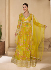 Yellow Digital Printed Embroidered Anarkali Gown Dress