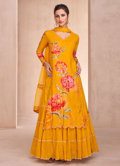 Yellow Multi Embroidery Printed Lehenga Kurti