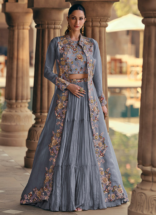 Mist Blue Embroidered Lehenga Choli With Jacket