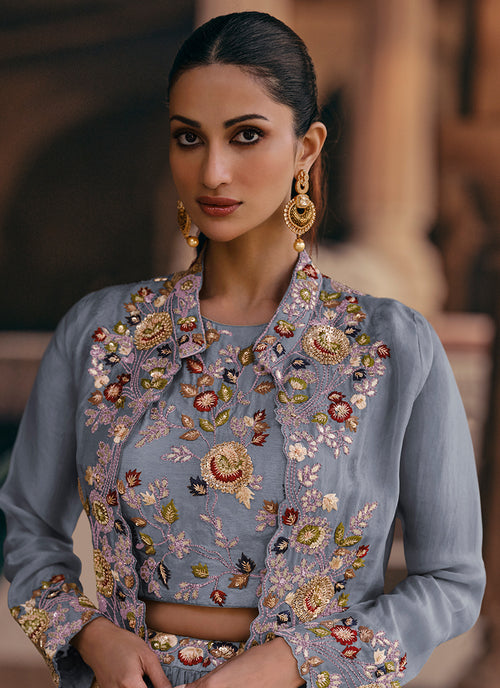 Mist Blue Embroidered Lehenga Choli With Jacket
