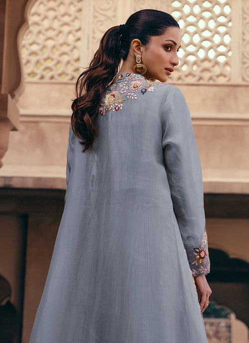Mist Blue Embroidered Lehenga Choli With Jacket