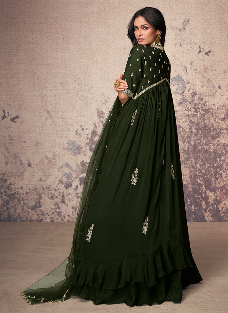 Buy Olive Green Embroidered Chinnon Anarkali Gown Online | Hatkay Buy Olive Green Embroidered Chinnon Anarkali Gown Online | Hatkay