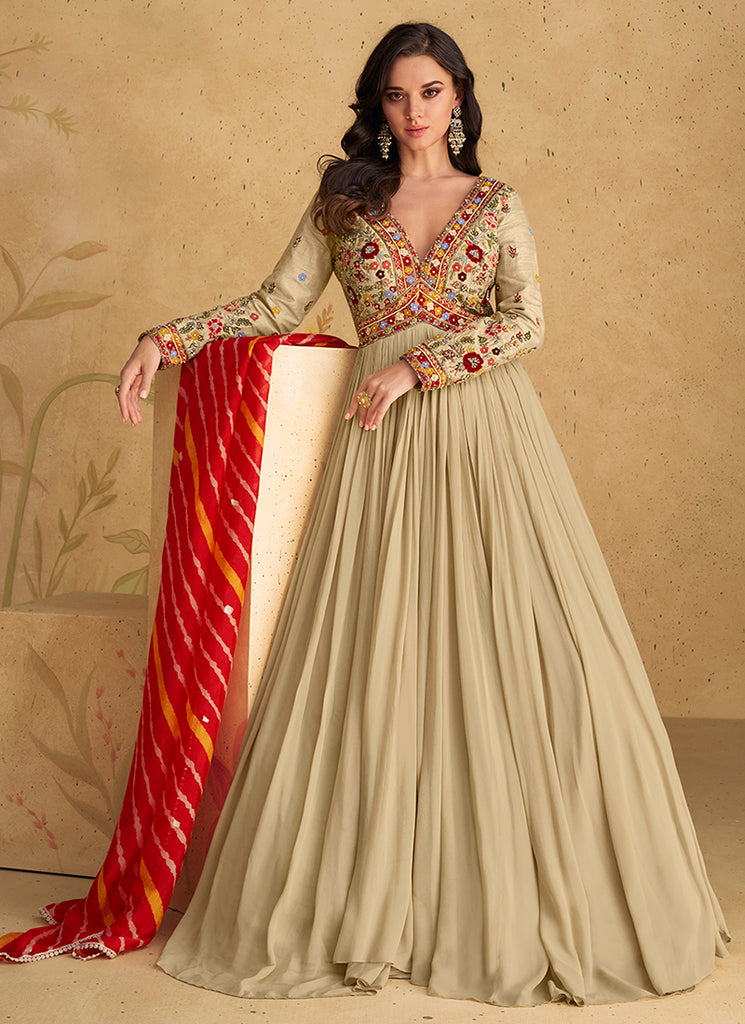 Buy Beige And Red Handwork Embroidered Anarkali Gown Dress Online | Hatkay Buy Beige And Red Handwork Embroidered Anarkali Gown Dress Online | Hatkay