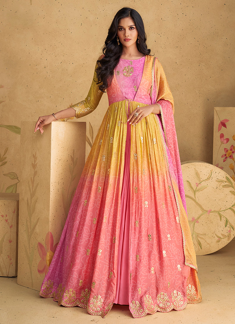Yellow Designer Party Wear Semi-Stitched Anarkali Dress With Deigner Printed Embroidery Work main image 1