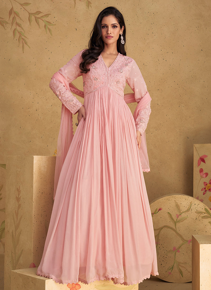 Women's Pink Fully Stiched  jacquard Woven Anarkali  Gown