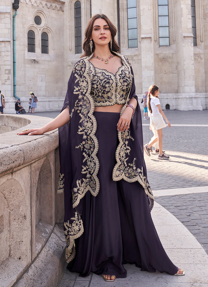 Purple Sequence Embroidered Cape Style Palazzo Suit